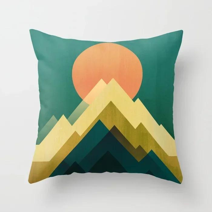 Colorful Geometric Landscape Pillowcase Sun and Moon Mountain Pattern Cushion Modern Art Style Sofa Decoration Pillow
