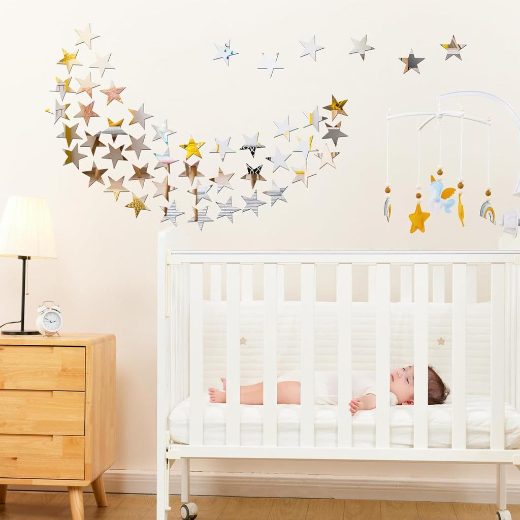 Lnrkai 50 PCS Stars Mirror Wall Stickers, 3D Acrylic Modern Silver Star Wall Decor, DIY Self-Adhesive Wall Art for Living Room, Bedroom, Bathroom,