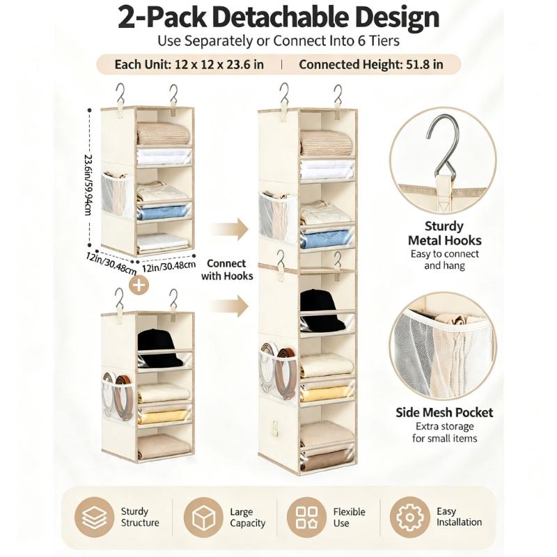 Foldable Hanging Closet Organizers Shelves in Nonwoven Fabric with 3 Storage Levels and a Side Pocket for Small Accessories