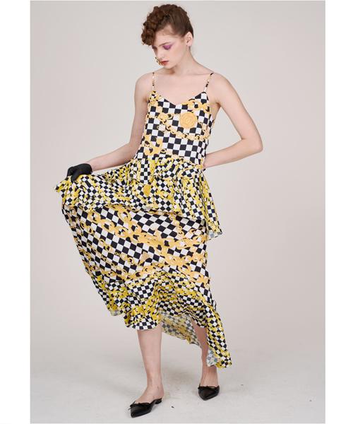 Greedius Checkerboard Chain Ruffle Dress