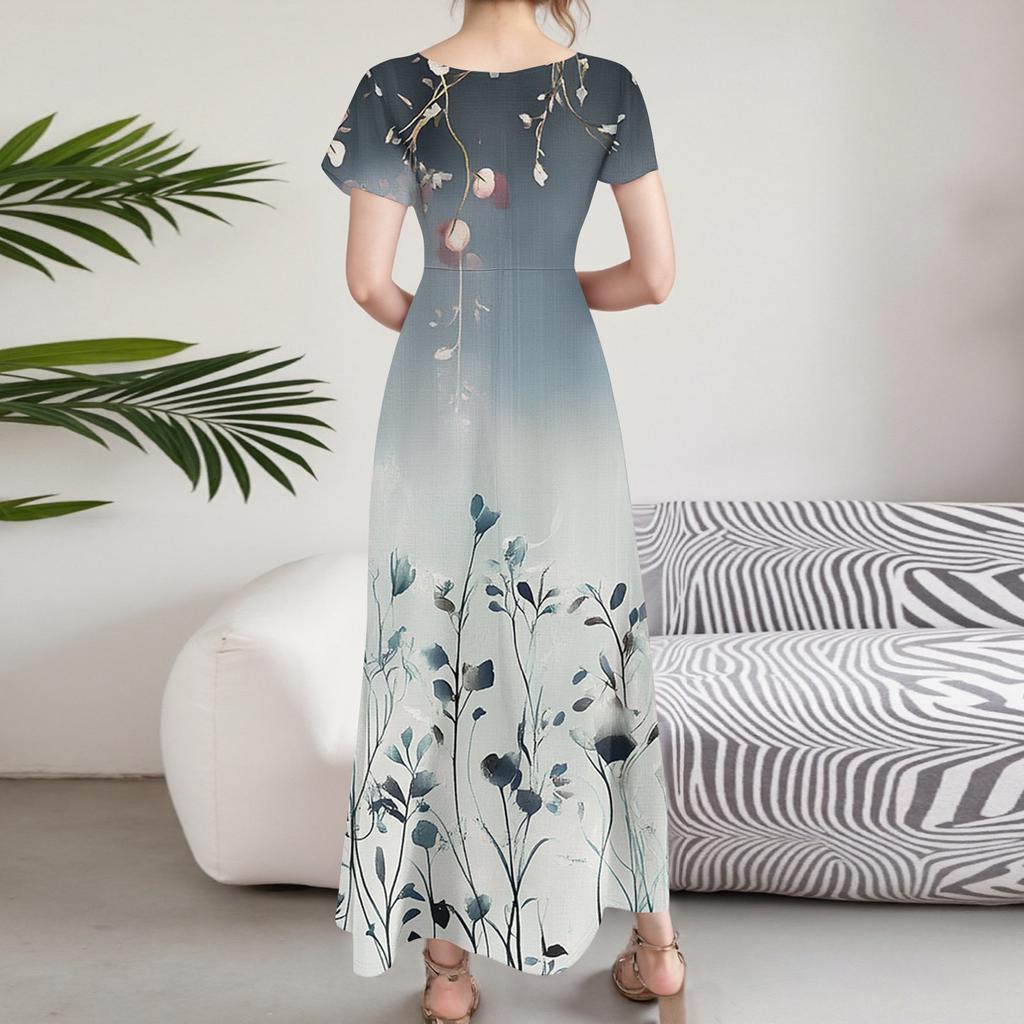 Women's Casual Fashion Print Long Dresses V-Neck Short Sleeve Dresses