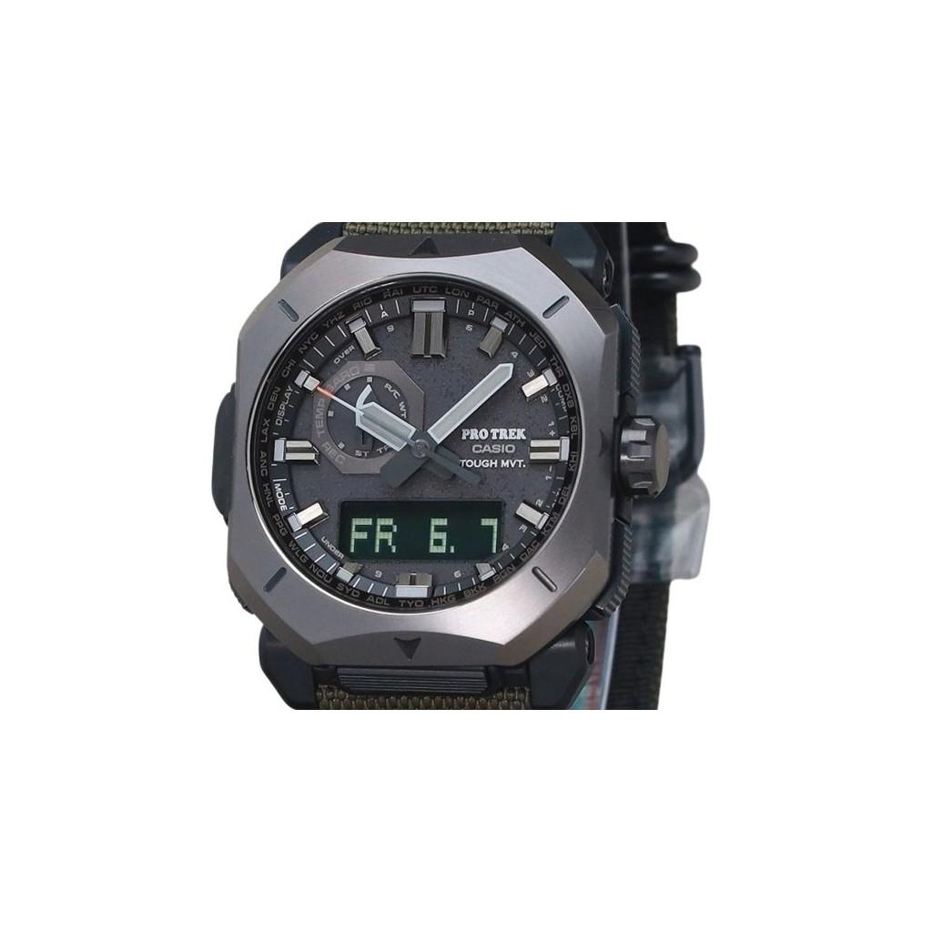 Casio ProTrek Analog Dijital Yeşil Cordura Kumaş Kayış Gri Kadran Tough Solar PRW-6900YB-3 100M Erkek Saati