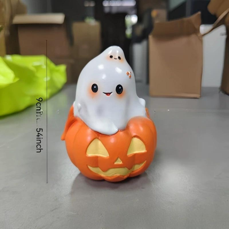 Vintage Halloween Kürbis Figur Ornamente, Harzdeko mit niedlichen Geistern auf Kürbissen, Gruselige Heimdeko für den Innen- und Außenbereich