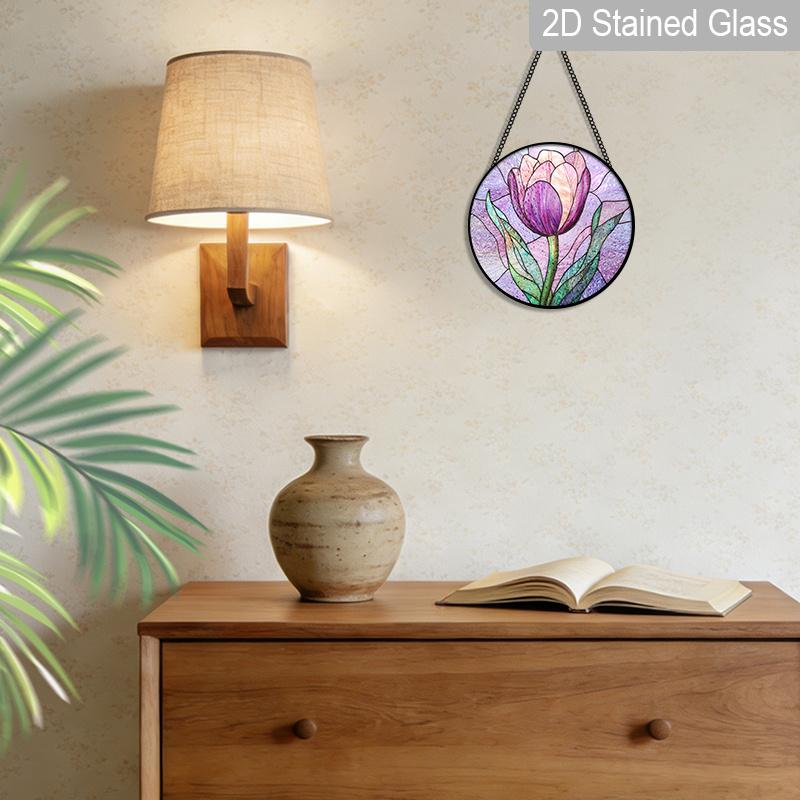 2D Flat Stained Glass Flower Window Decoration, 7.87inches Purple Tulips Design Colored Glass Plate with Chain, Charming Spring Summer Sun Catcher