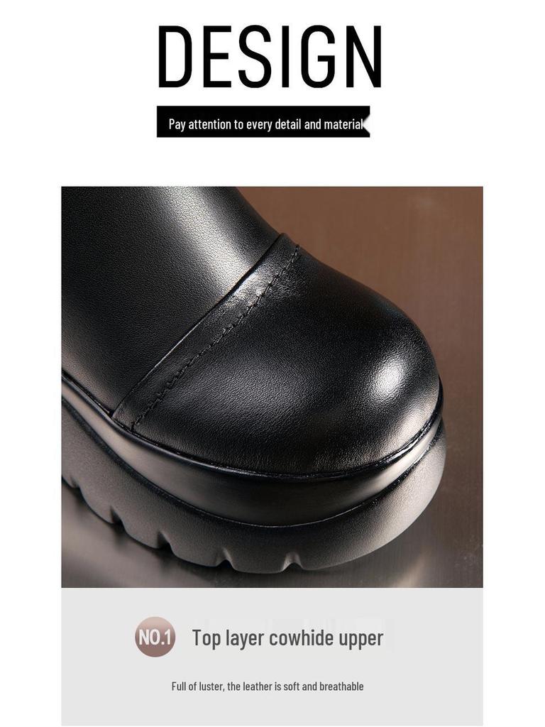 Women's Genuine Leather Platform Chelsea Ankle Boots with Hidden Heel - 2025 Autumn/Winter New British Style, Small Sizes Available