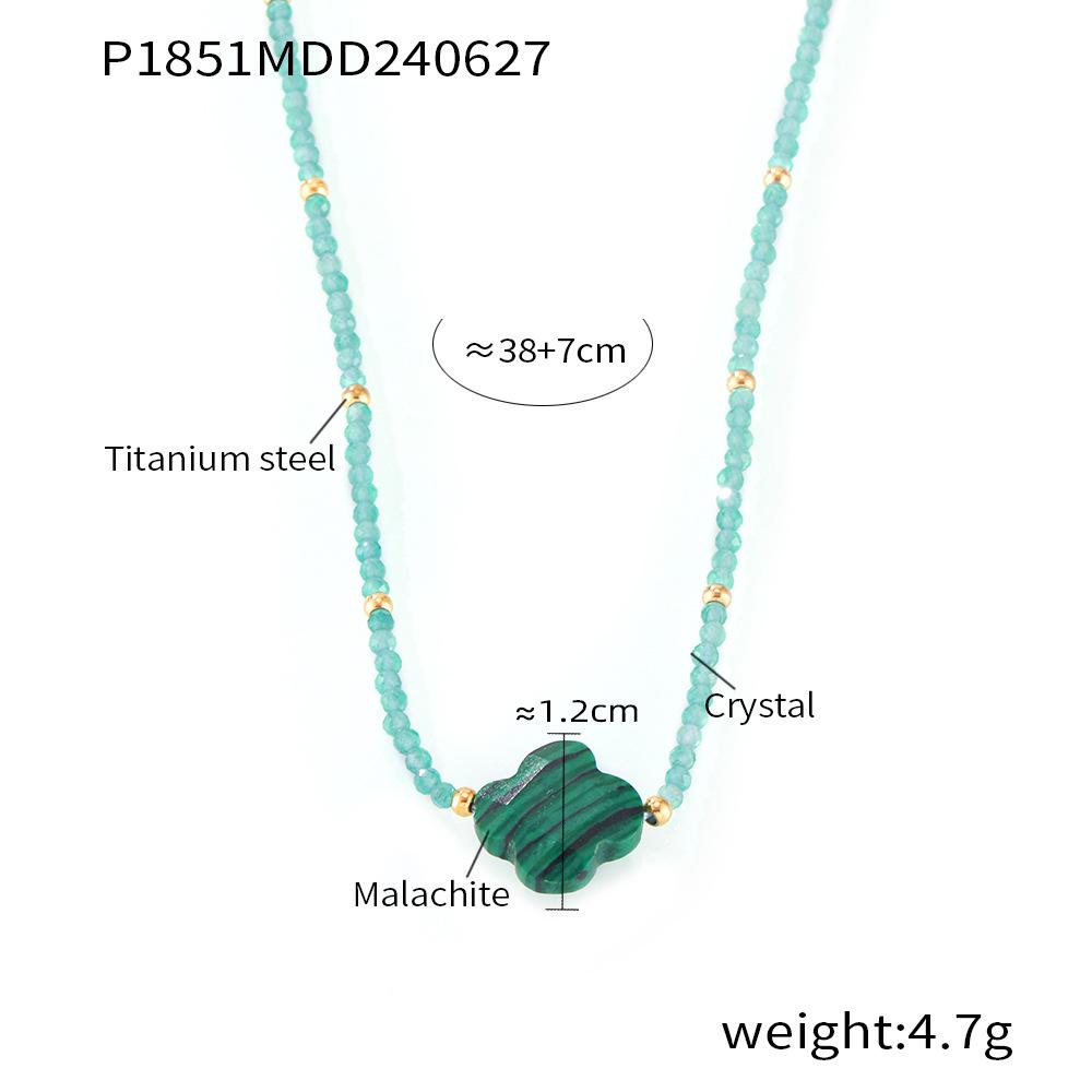French Retro Malachite Flower Pendant Necklace - Natural Stone, Steel Beads, Elegant Design for Women