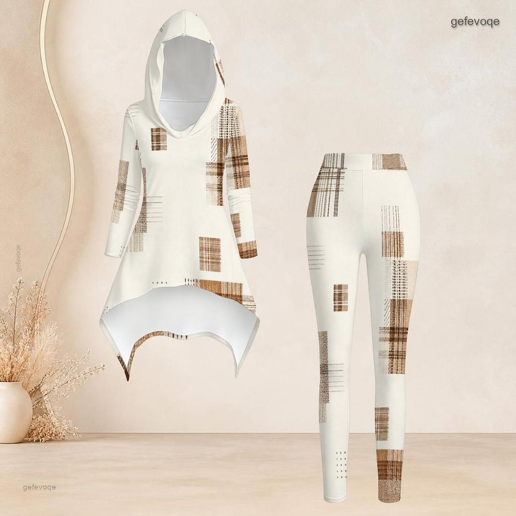 Women Plus Size Two Piece Set Hooded Long Sleeve Plaid Printed High Low Top And Fitted Pants