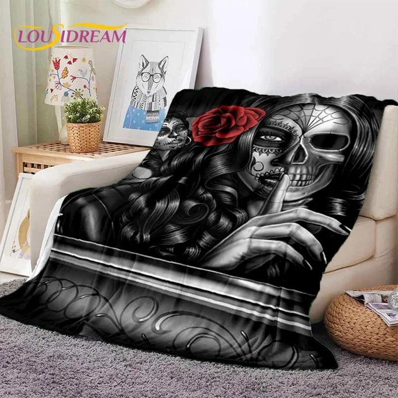 Skull Dead Girl 3D Gothic Horror Female Rose Soft Flannel Blanket,Throw Blanket Comfortable Blanket for Picnic Beds Home Bedroom