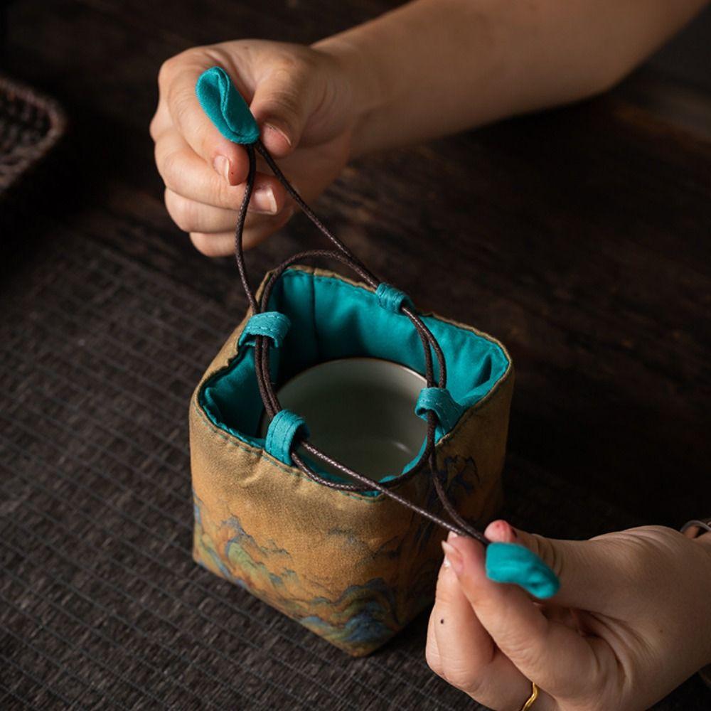 Breakage-proof Teacup Drawstring Cloth Pouch Print Embroidered Handbag Teaware Storage Bag  Purse