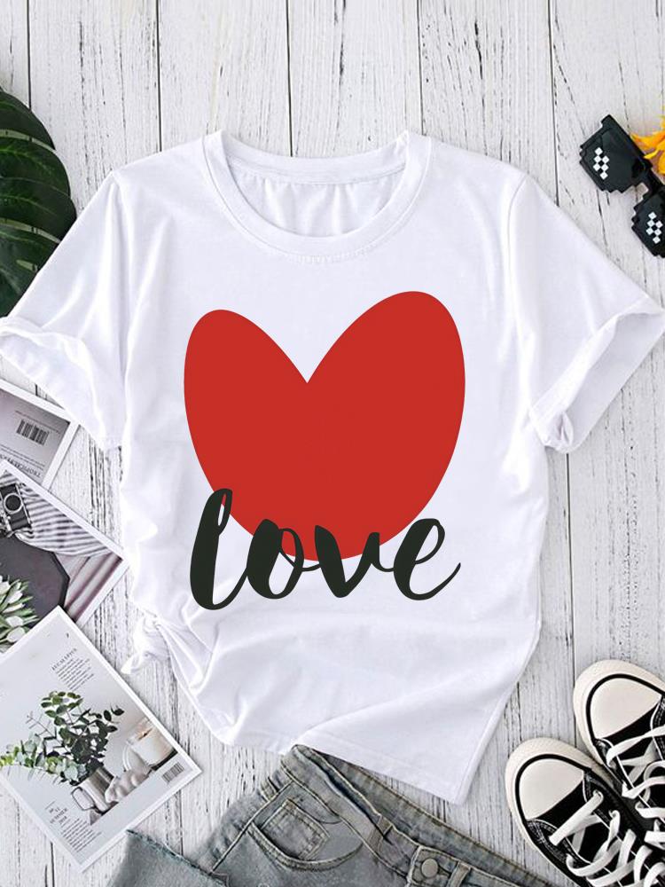(Asian Size) love heart style Short Sleeve T shirt Printed T-shirts O-neck Casual Clothing Fashion Female Women's Top Graphic Tee