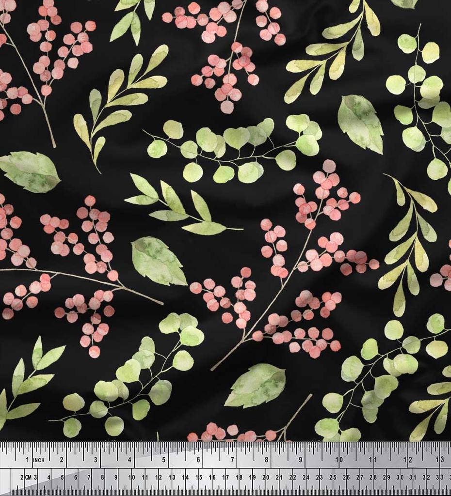 Soimoi Black Japan Crepe Satin Fabric Red Berries & Leaves Printed Craft Fabric by the Metre 42 Inch