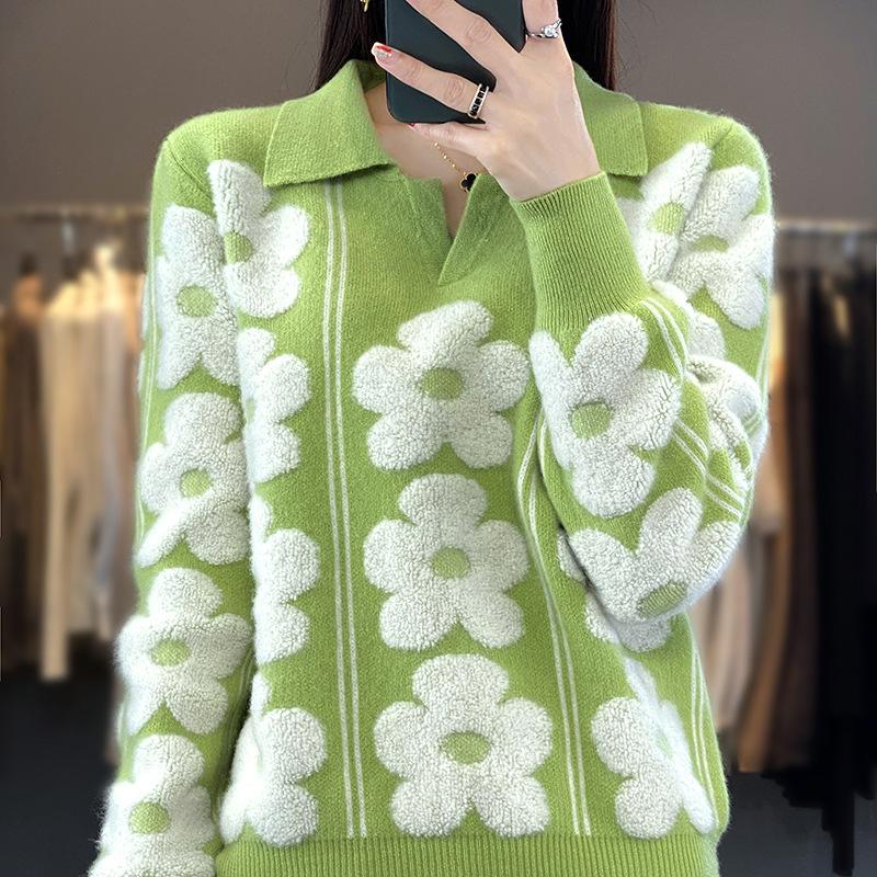 Lapel Contrasting Thickened Cardigan for Women In Autumn and Winter New Style Flower Jacquard Wool Sweater Fashionable and Versatile Base Shirt