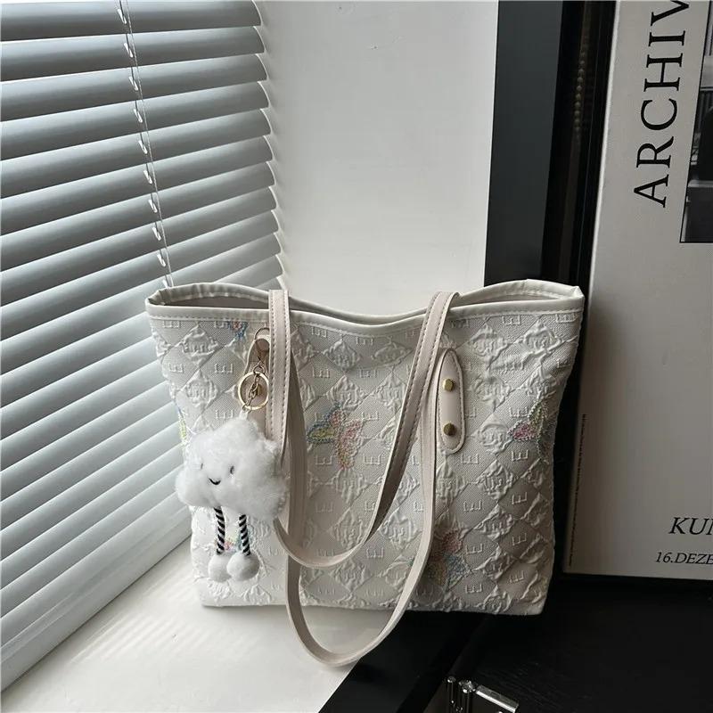 Casual Embroidered Butterfly Shoulder Bags for Women Sweet Ladies Large Capacity Handbags Plaid Portable College Girls Tote Bag
