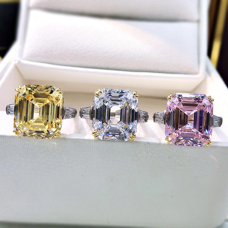 Lulu Tong S925 Silver Square Emerald-Cut Ring with Simulated High Carbon Diamond for Women