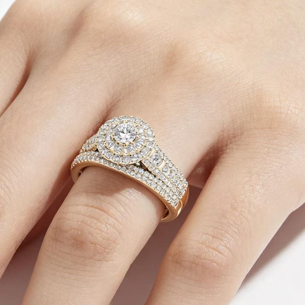 SHEIN Hot-selling Fashionable Gold Couple Rings Round Inlay AAA Zircon Ring Wedding Set Jewelry for Women