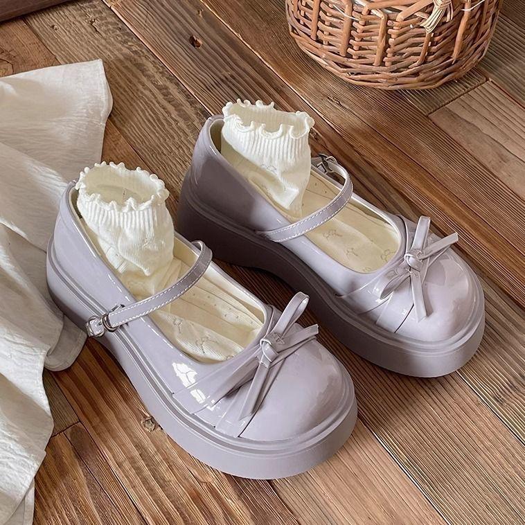 

SSBL] Ретро бант круглый носок платформа маленькие кожаные туфли женские новые туфли Мэри Джейн для юбки 40 фиолетовый