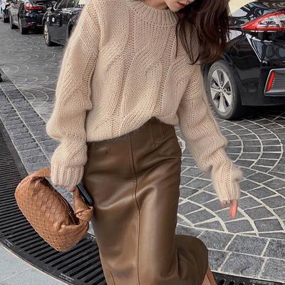 Women's Solid Color Thick Knit Hemp Flower Sweater - Round Neck, Pullover, Korean Style, Perfect for Autumn and Winter.
