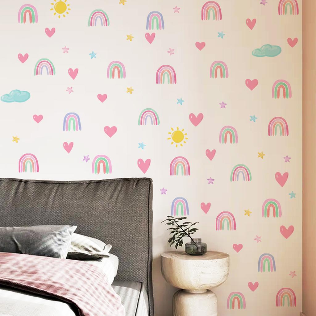 4Pcs/Set Rainbow Stars Hearts Wall Stickers for Bedroom Living Room Self Adhesive Removable PVC Decals