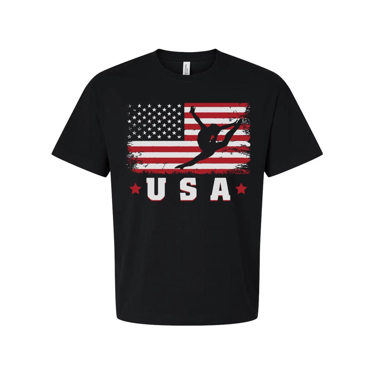 

Unisex USA Flag Graphic T Shirt With Distressed Stripes And Dancer Silhouette On L
