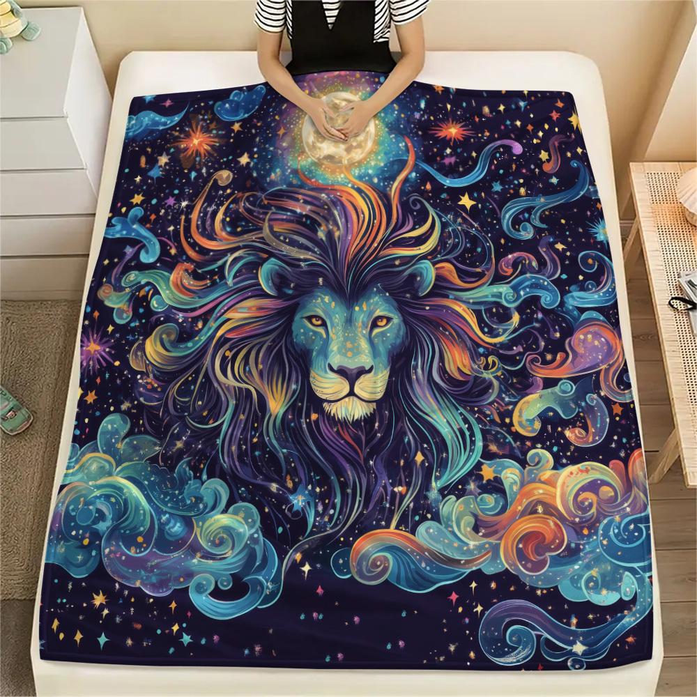 Starry Sky Lion Print Flannel Blanket, High quality Comfortable for All Seasons, Home Decor, Warmth and Comfort