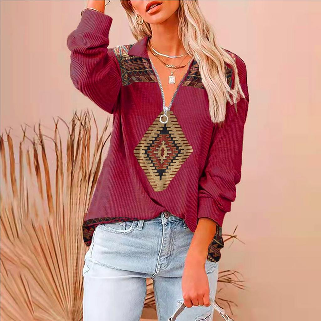 Ladies Casual Ethnic Print Fashion Large Size  V-neck Zipper Long-sleeved Blouse