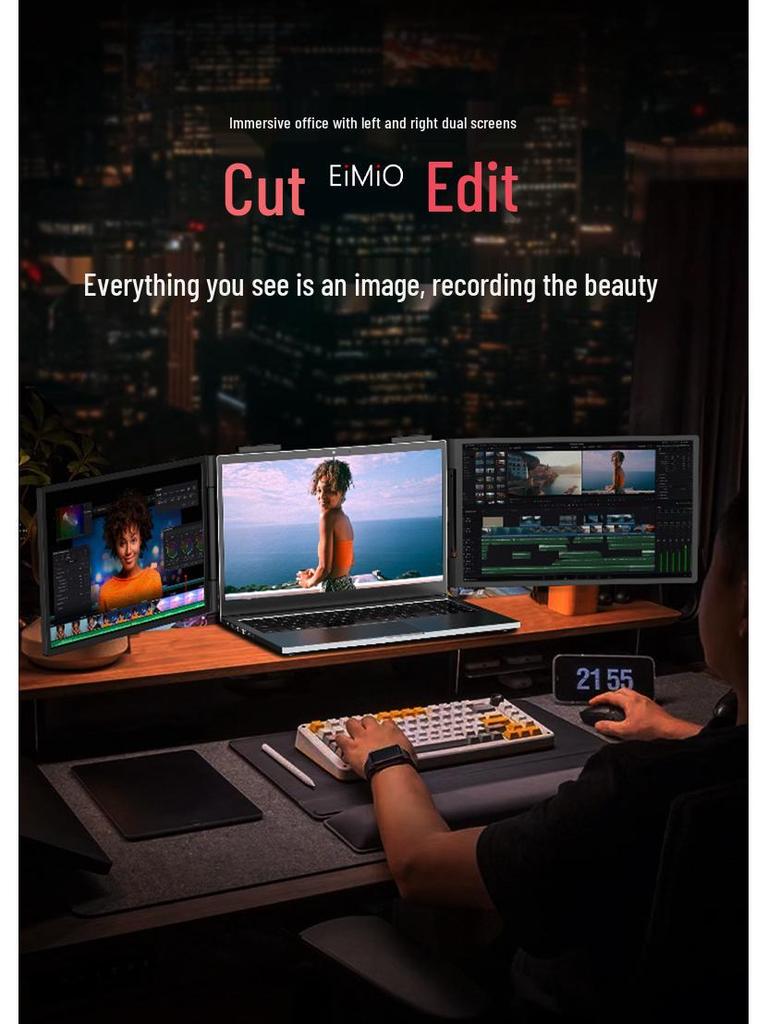 EIMIO Dual Screen Portable Monitor: 14" & 16" 2.5K Left-Right One-Line Triple Display Laptop Extension
