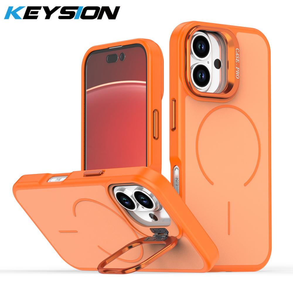KEYSION Matte Skin Feel Lens Stand Phone Case for Magsafe for iPhone 16 Pro Max 16 Plus Magnetic Wireless Charging Shockproof Cover for iPhone 16 оранжевый
