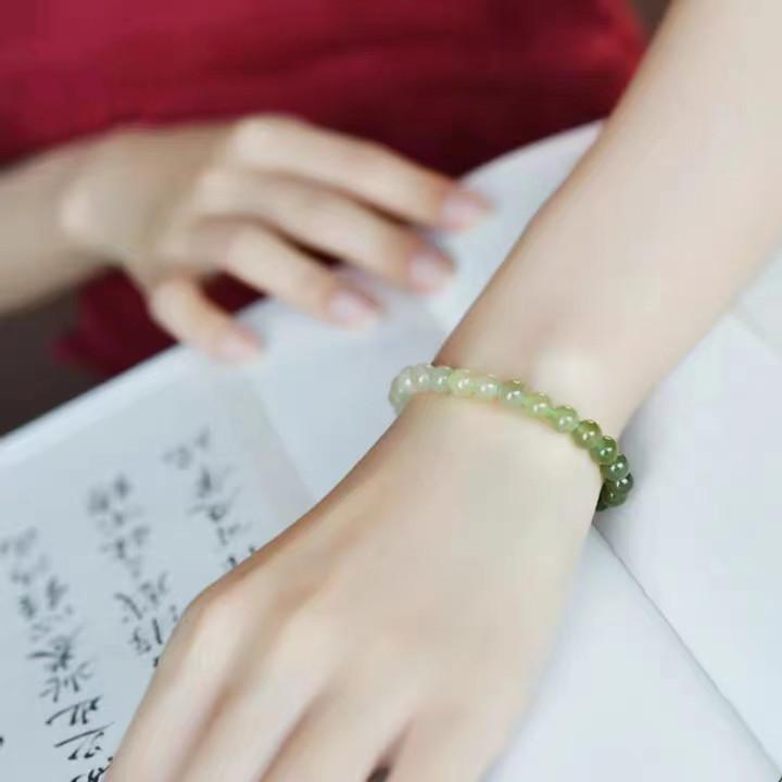 Natural Gradient Color Qingshui Hotan Jade Bracelet for Women, High Ice Quality Green-white Jade Beads, Loose Beads, Accessory Beads, Bracelet