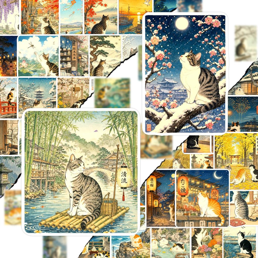 50Pcs/Set Ukiyoe Cats . Vintage Japanese Art Stickers DIY Fashion Doodle Decals Stickers