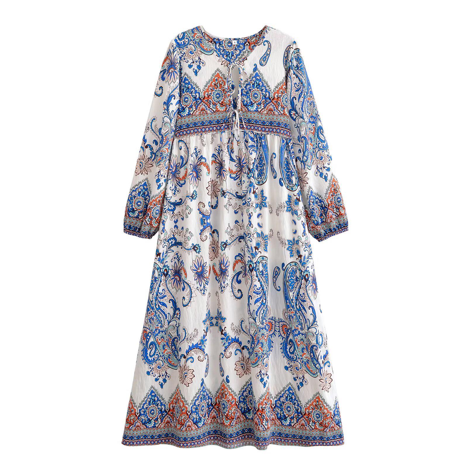 

Spring 2026 Bohemian Tassel Dress: European & American Style, Position Print, Loose Fit Women s Clothing. Small синий