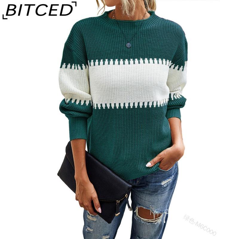 BITCED Color-Block Striped Sweater with Lantern Sleeves Women's O-Neck Top in European Style