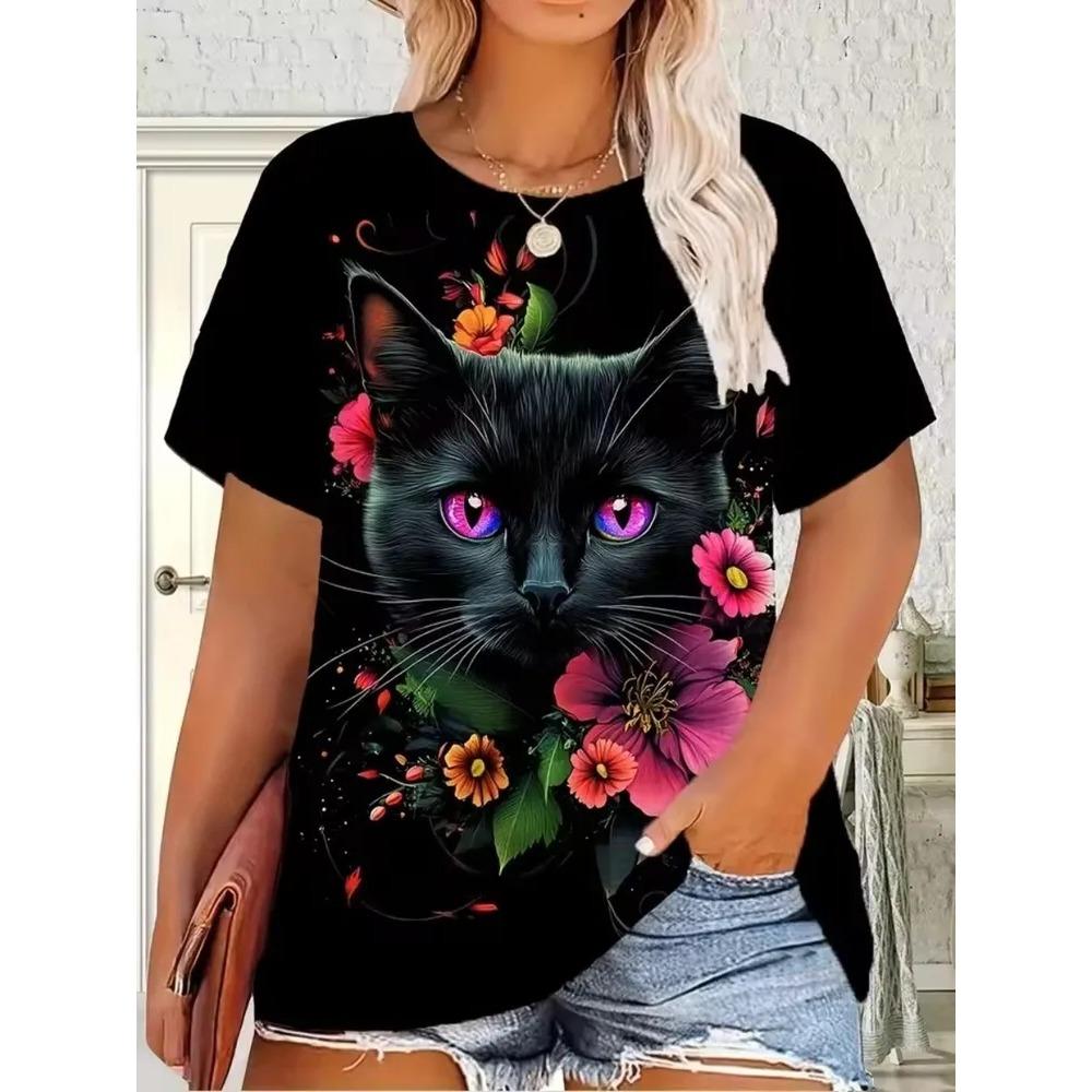 Dames T-shirt 3D Patroon Gedrukt Casual Korte Mouw Ronde Hals Top Modieuze Straat Dameskleding