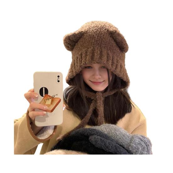 

Зимняя милая вязаная шапка с медвежьими ушками для женщин, пушистая шапка-бини крючком кофейный