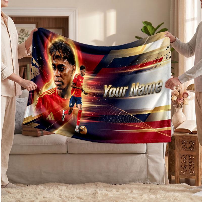 Coperta in pile personalizzata Lamine Yamal con logo del calcio, testo con nome personalizzato, morbida, calda, coperta da divano per la casa