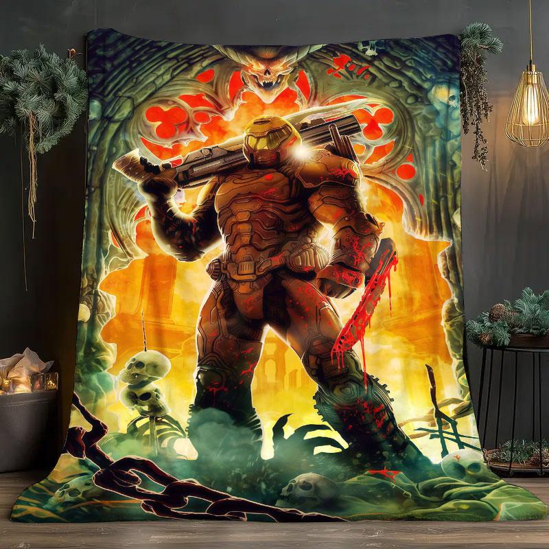 1Pc DOOM Print Flannel Blanket, High quality Comfortable for All Seasons, Home Decor, Warmth and Comfort, Perfect for Christmas Gifts