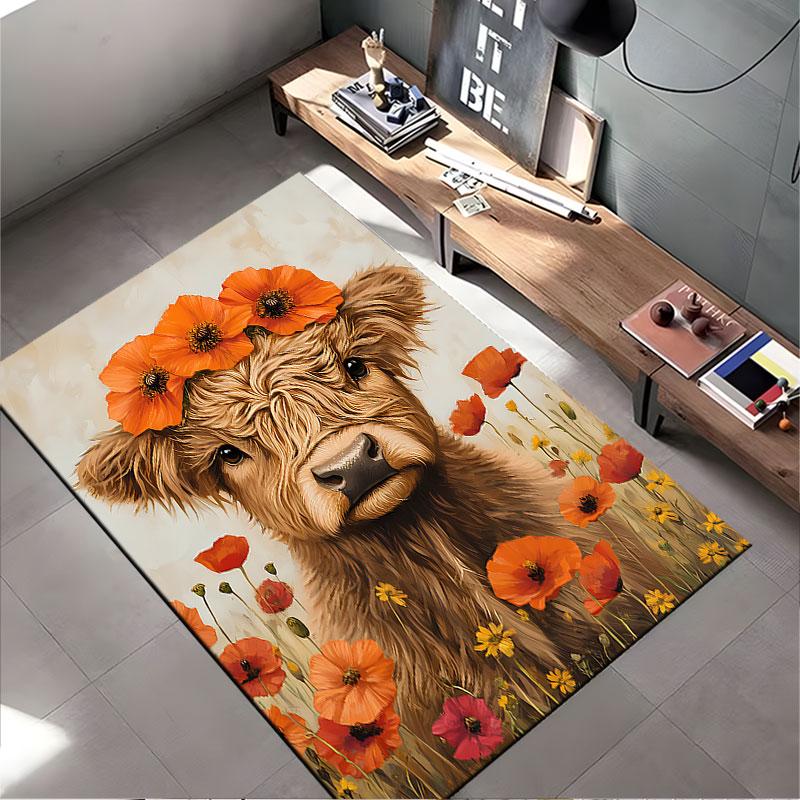 Highland Cow with Flower Crown suitable as a non-slip mat for the living room or bedroom sofa