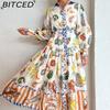 BITCED Frühlings Damen Bedrucktes Laternenärmel Figurbetontes Langarm Vollrock Kleid