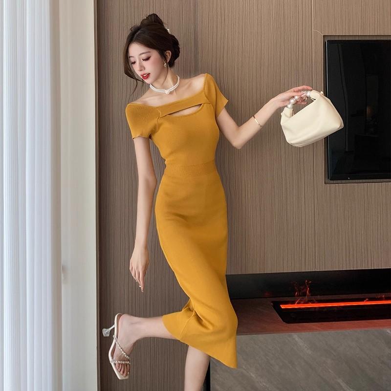 Sexy Off-the-shoulder Hollowed-out Thin Tencel Smoothie Knitted Dress for Women's Summer New Waist and Thin Hip Skirt Long Skirt
