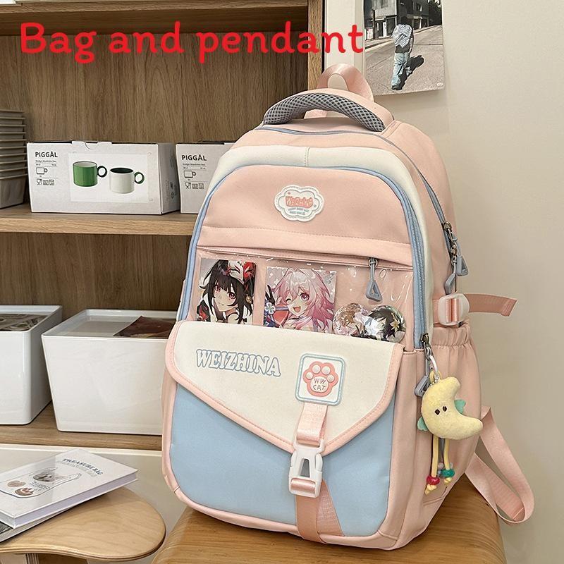 Color Blocked Fashionable Letter Printed Student Backpack With Pendant Daily For