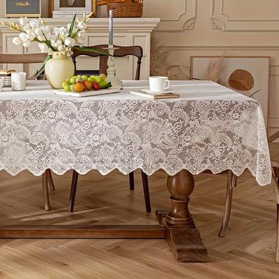 One Piece French Poinsettia Lace Tablecloth, Rectangular Polyester Table Runner for Dining and Coffee Tables, Washable, Easy To Clean