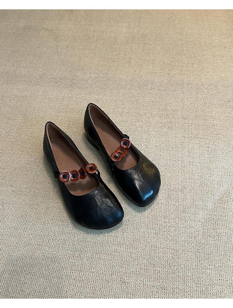 Sheepskin version niche retro round head thick heel single shoes women's versatile button elastic band light mouth soft leather Mary Jane shoes