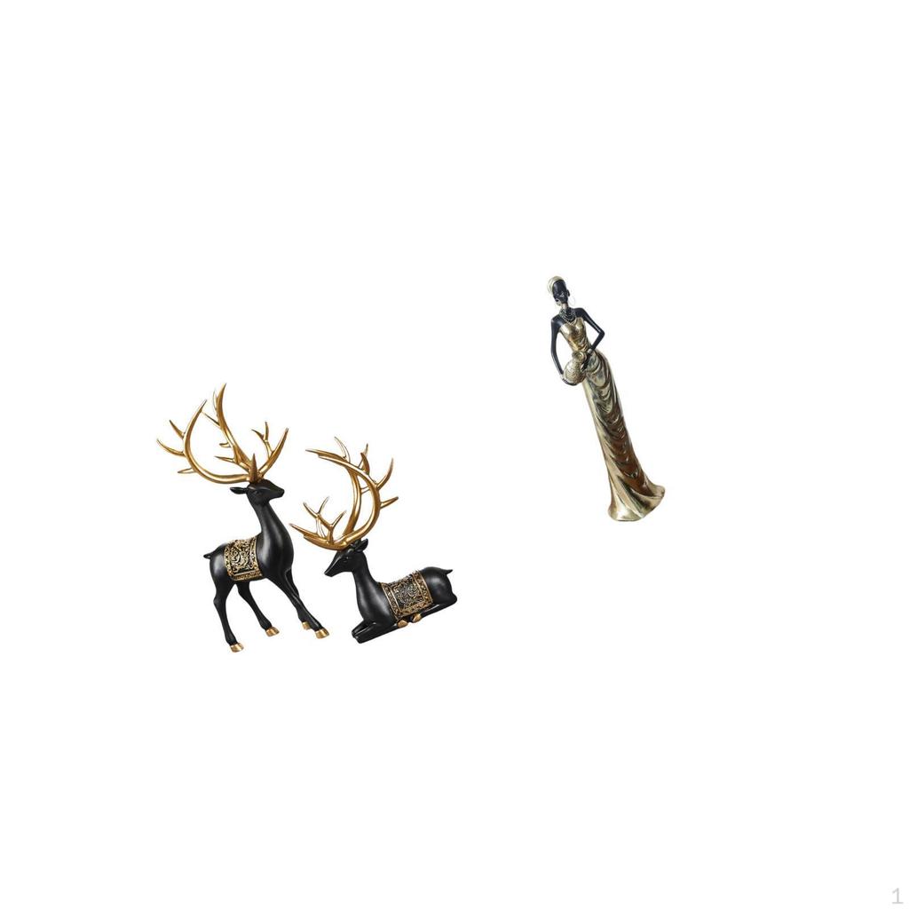 Reindeer Elk Resin Statue And African Tribal Lady Figurine Collection Vintage Art Crafts Decorative
