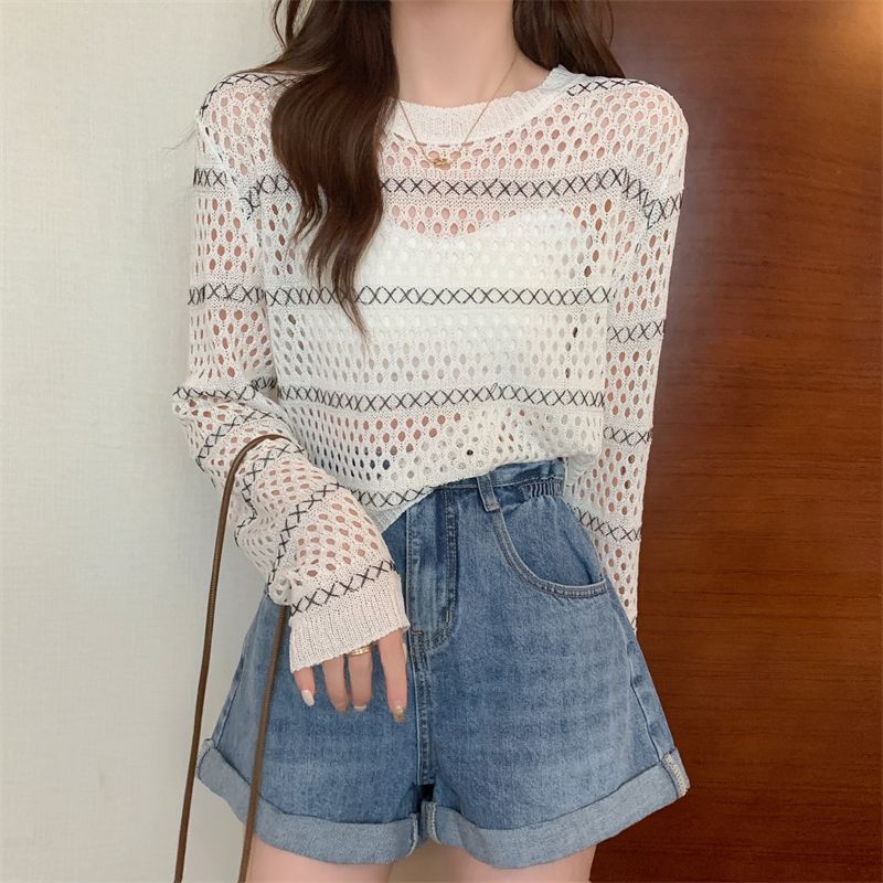 Hollow Long-sleeved Sweater Women's Spring Thin Transparent Black T-shirt Sunscreen Blouse Short Top