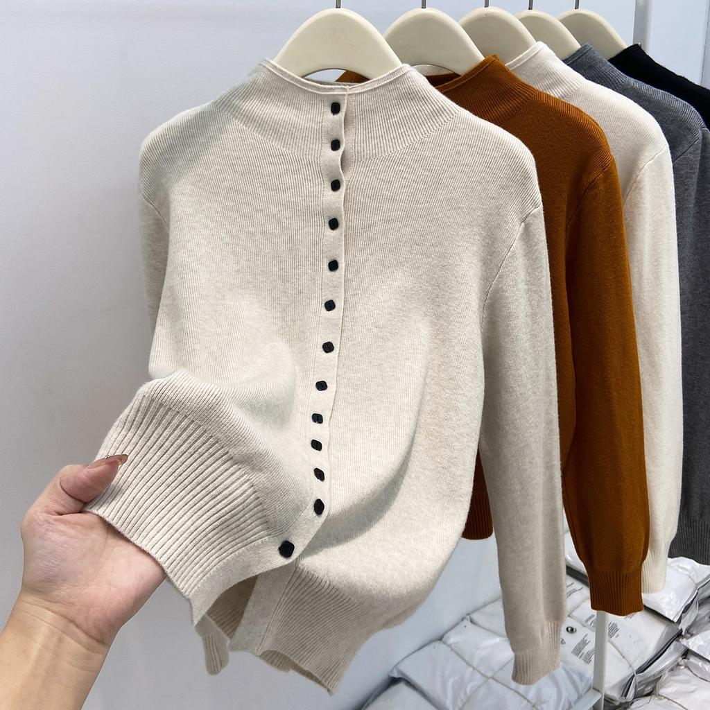 Premium Gray Autumn and Winter Stacked Wear Semi-turtleneck Long-sleeved Sweater Lazy Style Loose Casual Knitted Cardigan Top Women's Outfit