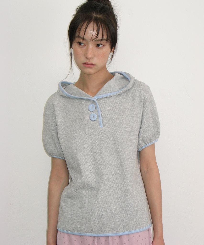 Waffle Button Half Sleeve Hoodie Gray