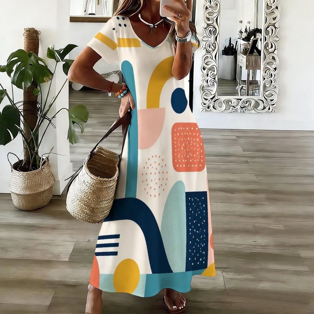 Women Plus Size V Neck Short Sleeve Geometric Printed Straight Maxi Dress