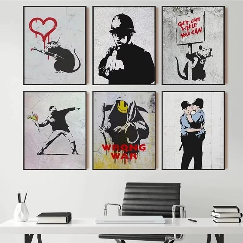 Graffiti Artwork Canvas Painting Prints Wall Art Pictures Girl with Red Balloon Black White Posters Nordic Home Decor