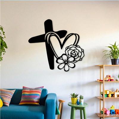 Christian Heart Wall Art Iron Cross Silhouette Decor Gift for Home Church Wedding Baptism