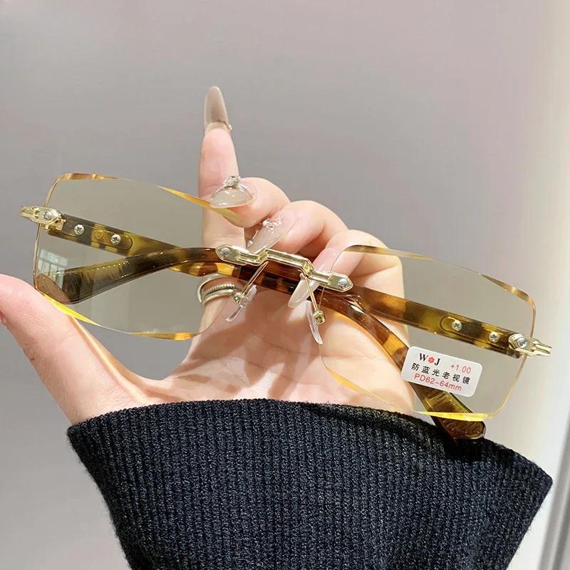New Classic Business HD Presbyopia Glasses Luxury Anti Blue Light Rimless Reading Glasses for Women Men +1.0 To +4.0