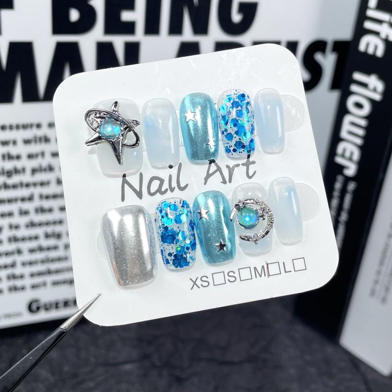 Handmade Short Press-On Nails With Irregular Gradient Design Star Women Extra Small